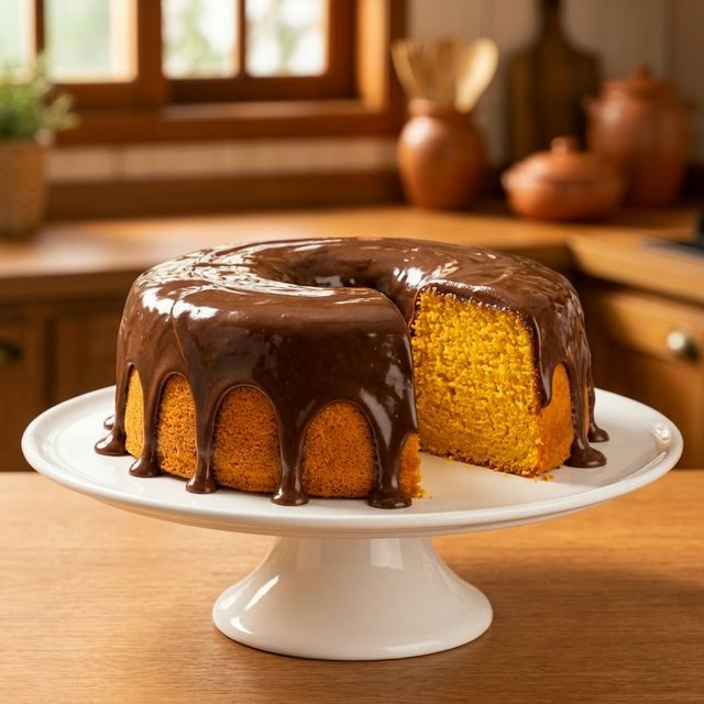 Bolo de cenoura com cobertura de chocolate escorrendo, mostrando o miolo laranja vibrante